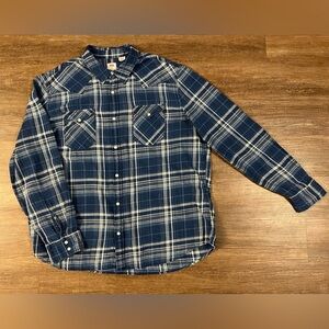 Levis XXL Shirt Men Blue Gray Black Plaid Flannel Western Modern Pearl Snap B32